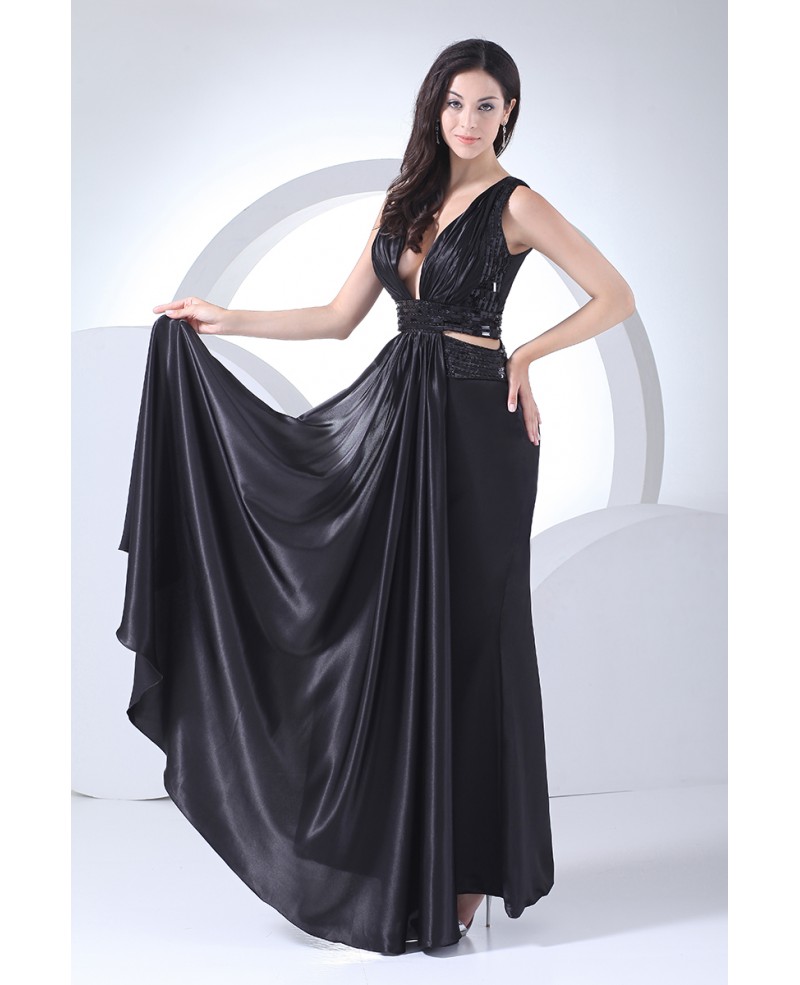 Deep V-neck Beaded Long Black Formal Dress Dance Party - Click Image to Close