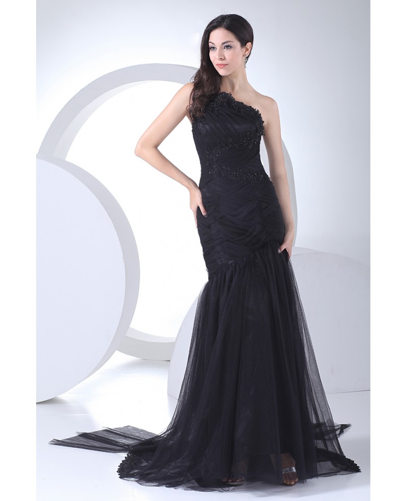 Gorgeous Navy Blue One Strap Cross Beaded Long Tulle Prom Dress