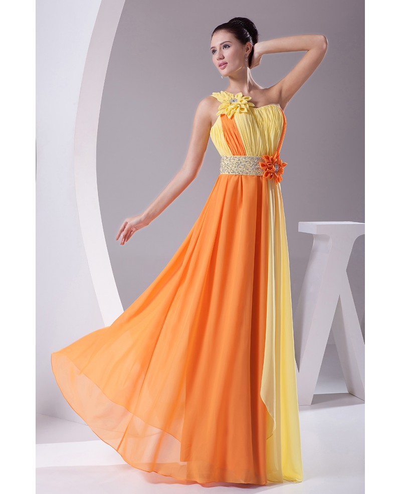 Colorful Yellow and Orange Floral One Shoulder Floor Length Prom Dress