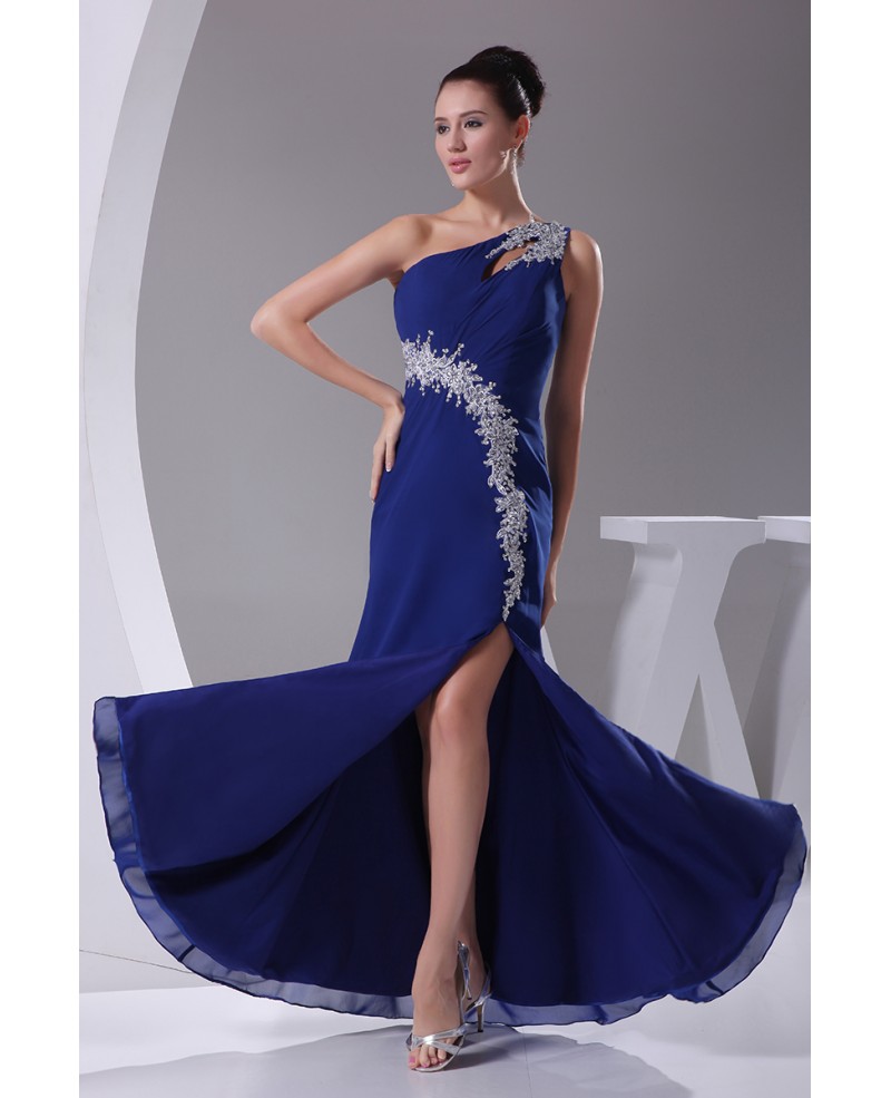 Classic Royal Blue Sexy Split Front Prom Dress One Strap - Click Image to Close