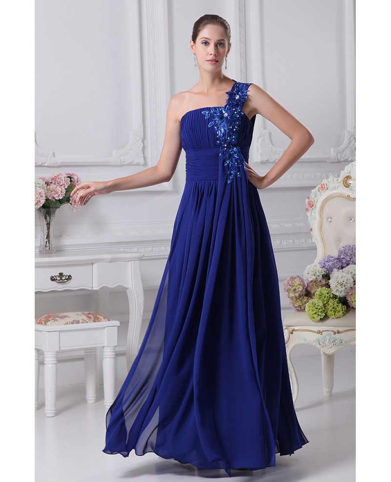 Royal Blue Floral One Shoulder Custom Formal Dress - Click Image to Close