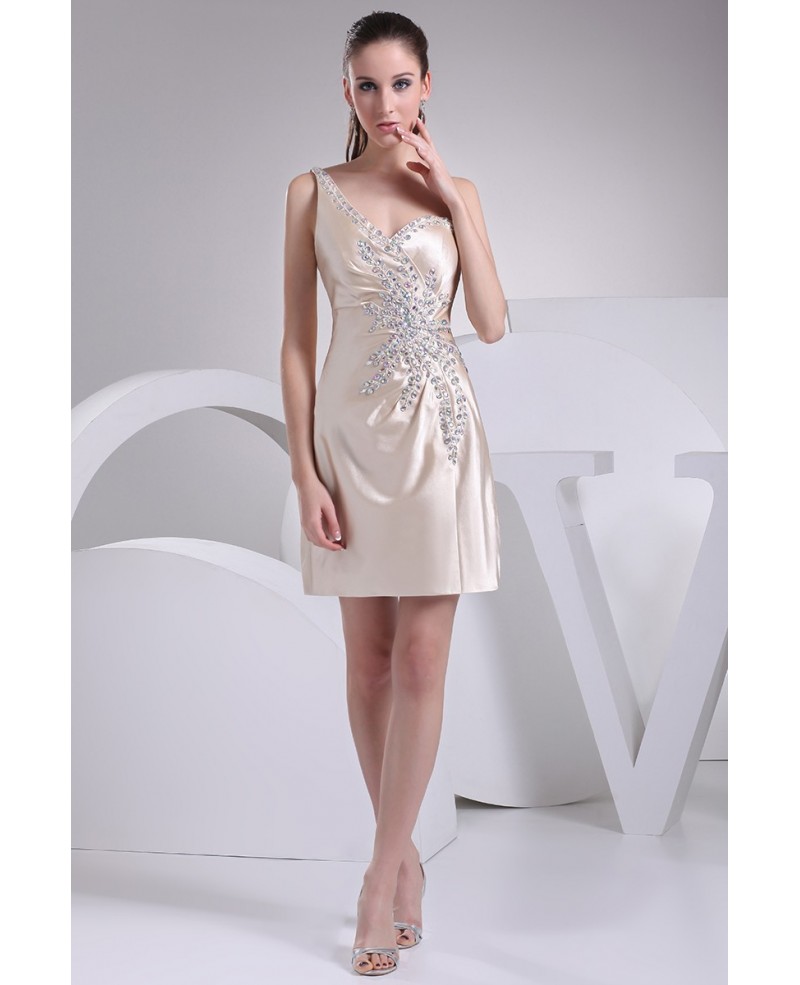 Beautiful Side Beaded One Strap Champagne Party Dress