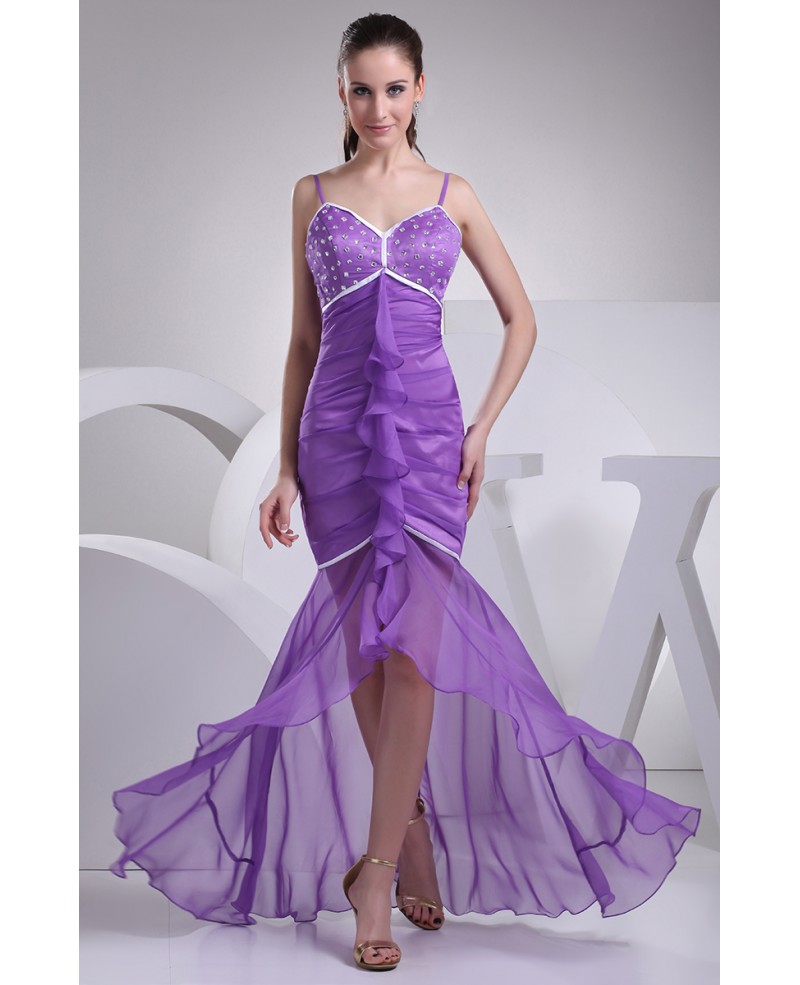 Pretty Purple Chiffon High Low Prom Dress with Spaghetti Straps