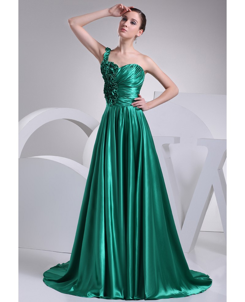 Teal Long Satin Floral One Strap Formal Dress