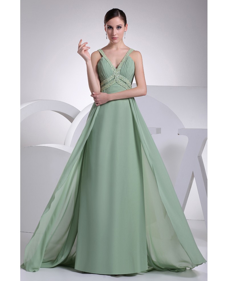 Sage Green V-neck Beaded Straps Floor Length Chiffon Prom Dress