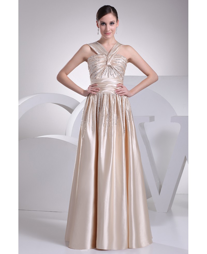 Beaded Long Halter Champagne Satin Long Formal Dress - Click Image to Close