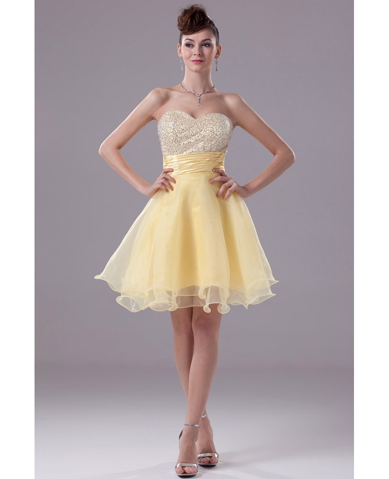 Sparkly Sequins Yellow Organza Short Prom Dress