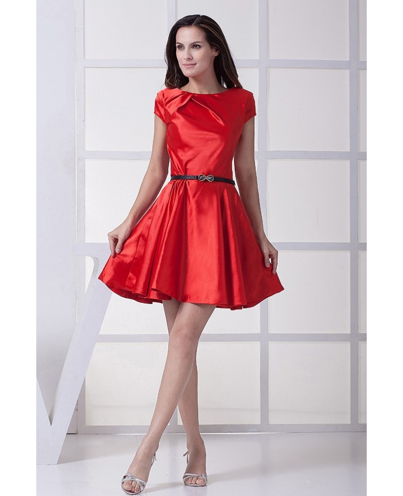 Red with Black Sash Short Taffeta Formal Dress with Cap Sleeves
