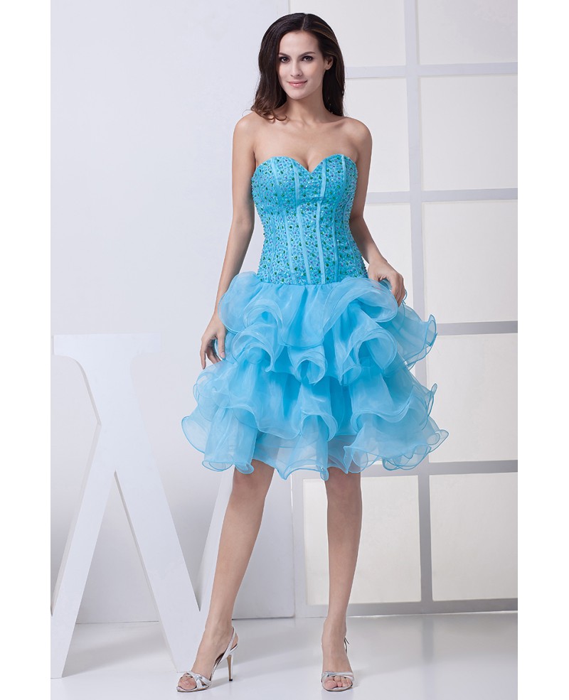 Classic Blue Sequined Organza Ruffles Sweetheart Prom Dress Short