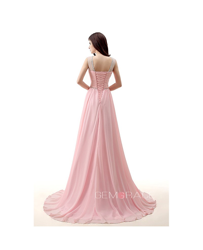 A-Line Scoop Neck Chapel Train Chiffon Prom Dress With Ruffle Beading - Click Image to Close