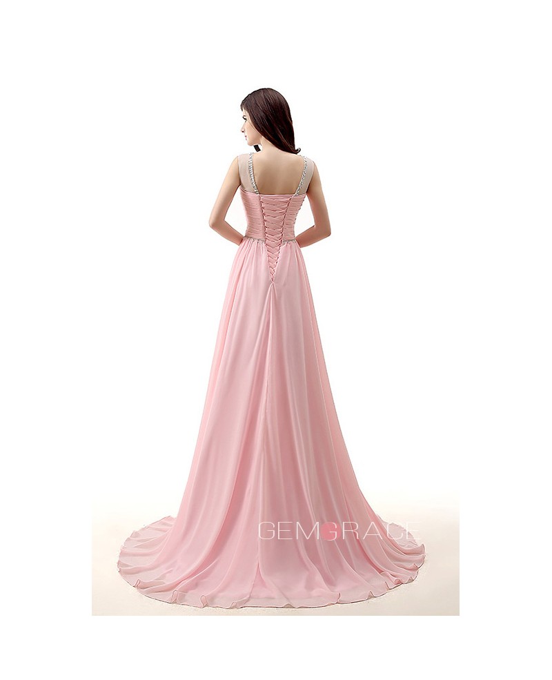 A-Line Scoop Neck Chapel Train Chiffon Prom Dress With Ruffle Beading