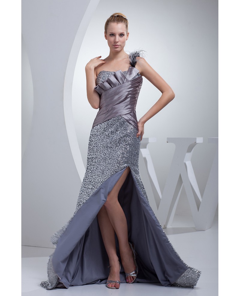 Sparkly Silver Sequins Pleated Split Front Prom Dress - Click Image to Close