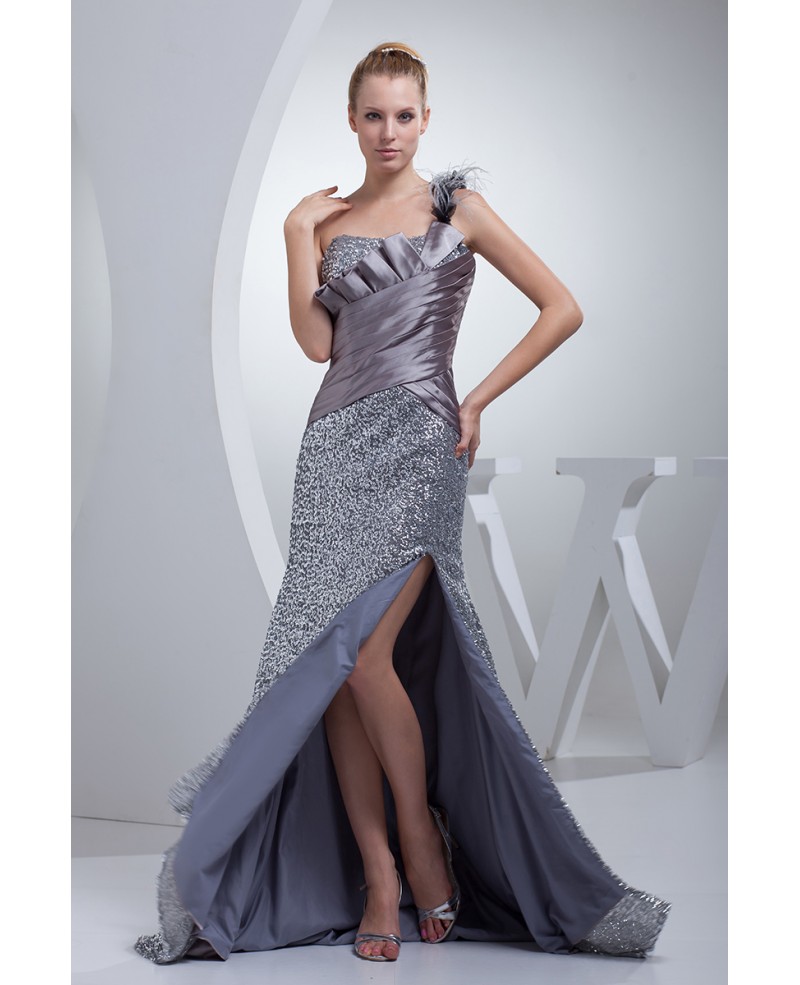 Sparkly Silver Sequins Pleated Split Front Prom Dress