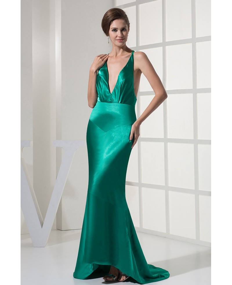 Sexy Deep V-neck Sleek Hunter Green Evening Dress Open Back - Click Image to Close