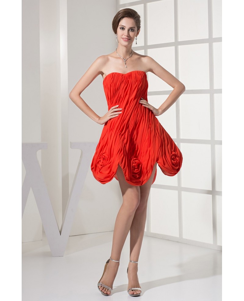 Coral Strapless Flowers Hemline Pleated Formal Dress - Click Image to Close
