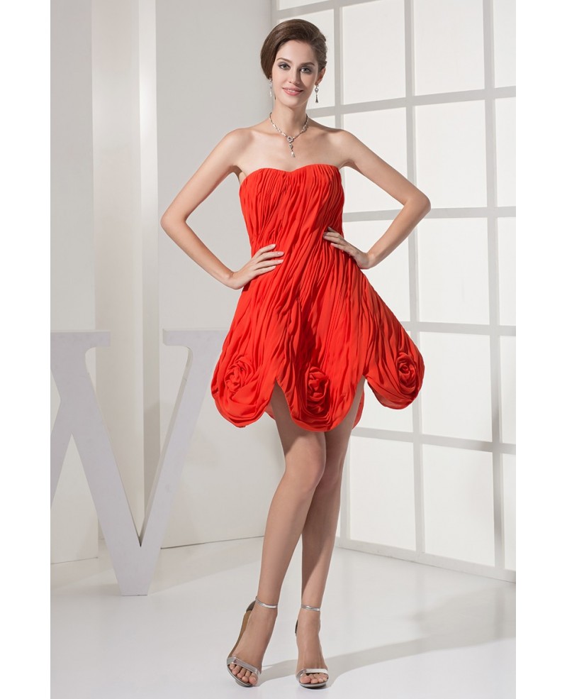 Coral Strapless Flowers Hemline Pleated Formal Dress