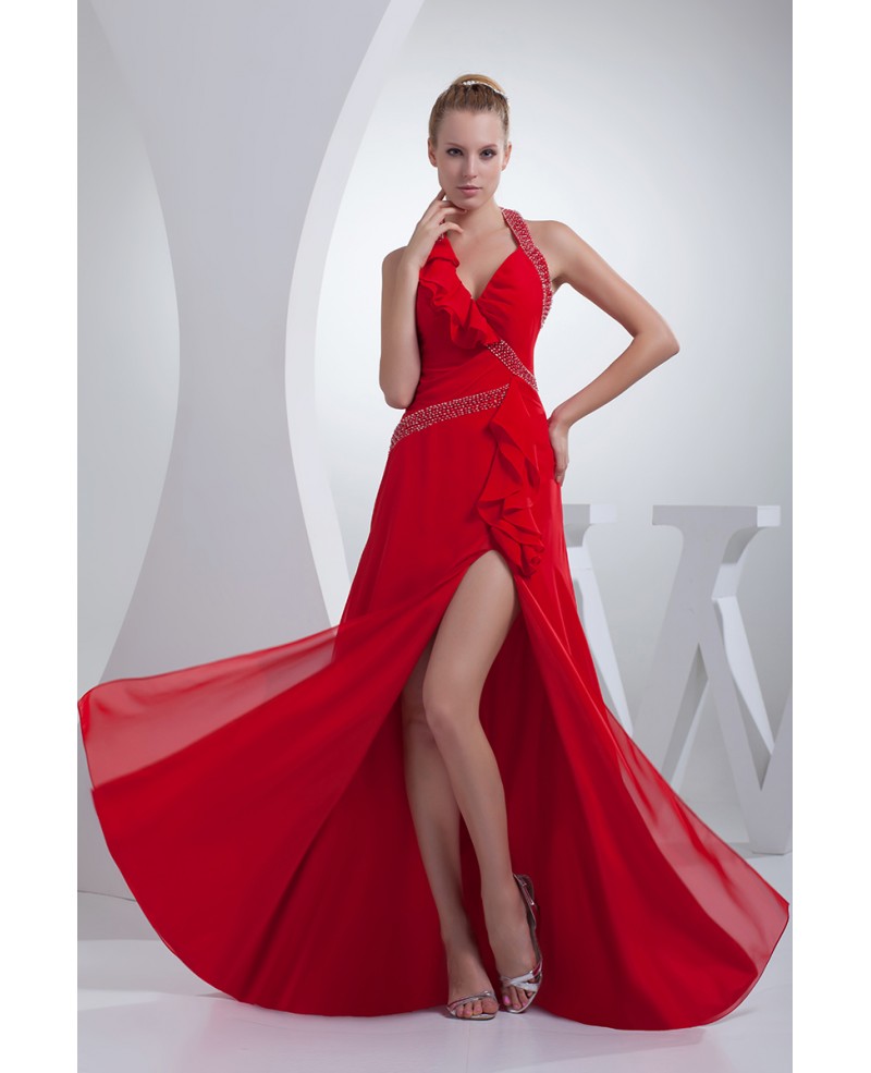 Sequined Red Sexy Long Halter Prom Dress with Split Front