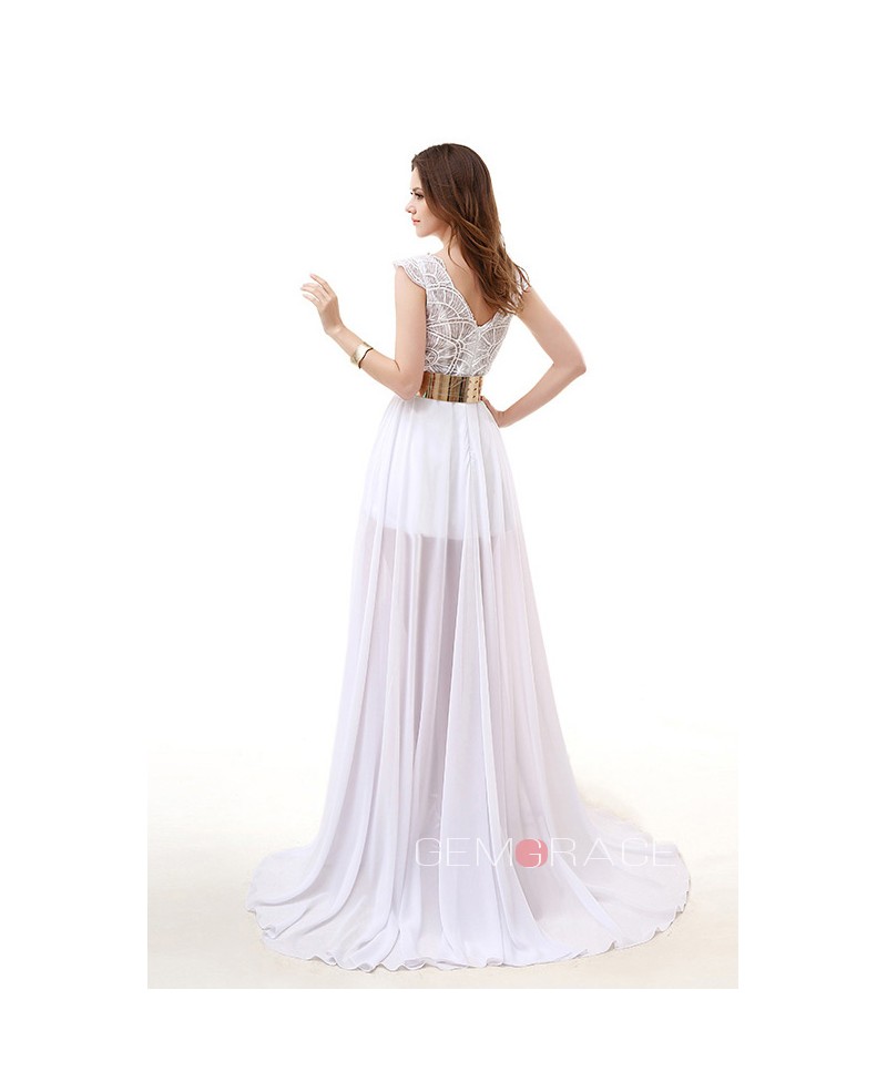 A-Line V-neck Court Train Chiffon Prom Dress With Ruffle Appliques Lace