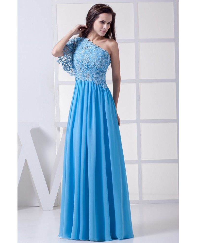 Blue Floor Length Long Chiffon Prom Dress Lace Sleeve