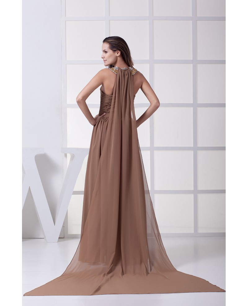 Sequined Long Halter Exotic Brown Chiffon Prom Dress