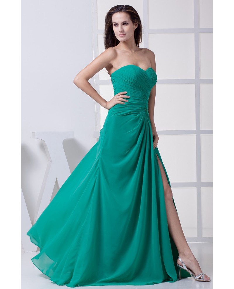 Turquoise Sweetheart Split Front Prom Dress Pleated