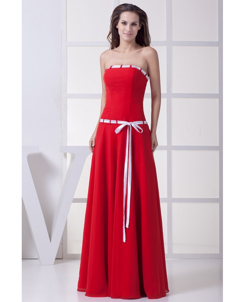 Red with White Sash Long Chiffon Dress Strapless