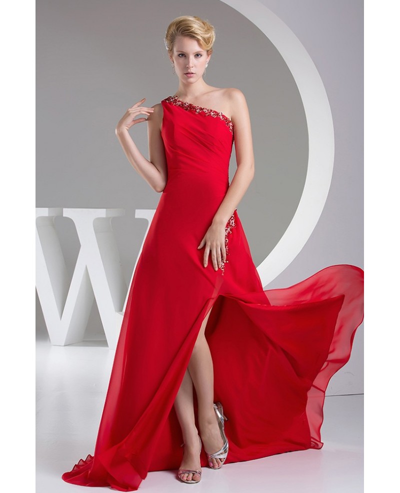 Beaded One Strap Hot Red Split Front Evening Prom Dress