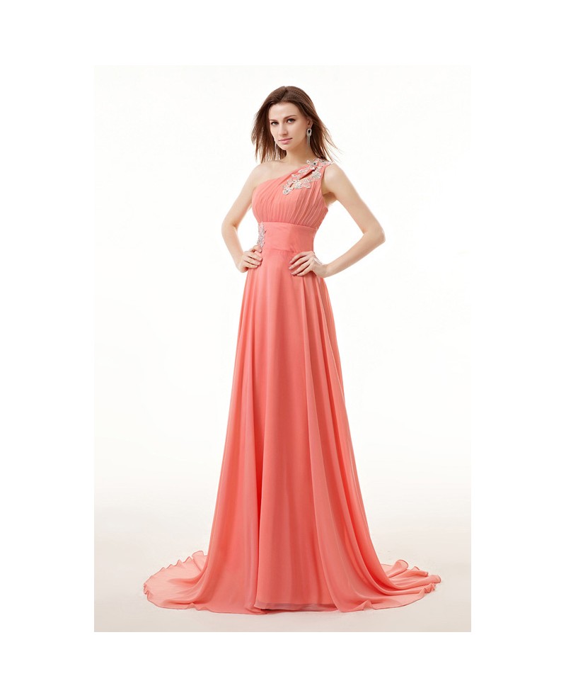 A-Line One-Shoulder Sweep Train Chiffon Prom Dress With Beading Appliques Lace