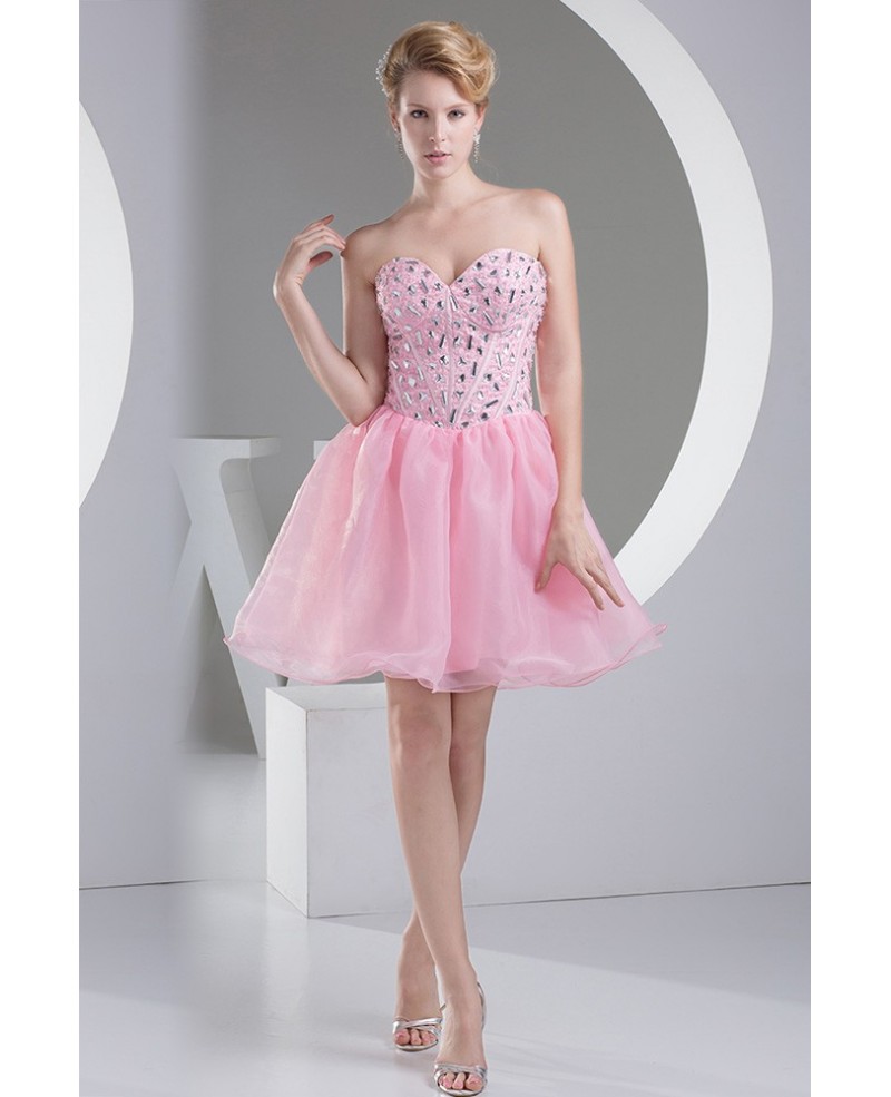 Pink Puffy Organza Short Beaded Prom Dress Sweetheart - Click Image to Close