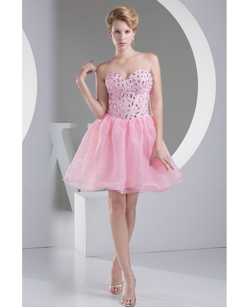 Pink Puffy Organza Short Beaded Prom Dress Sweetheart