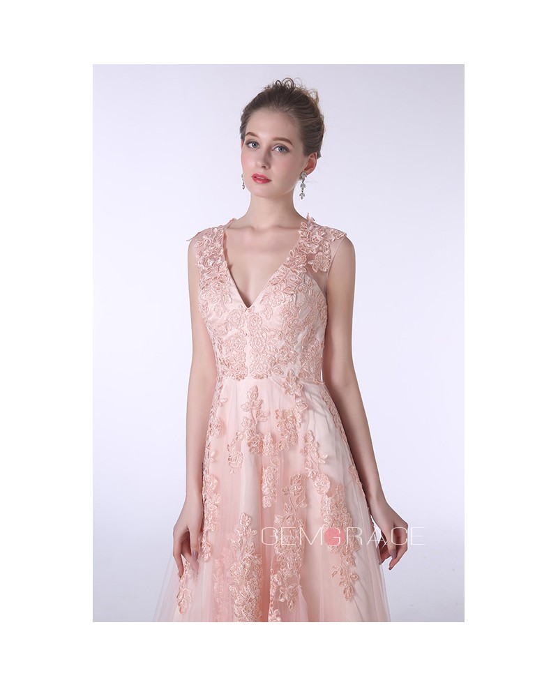 A-Line V-neck Sweep Train Tulle Prom Dress With Appliques Lace