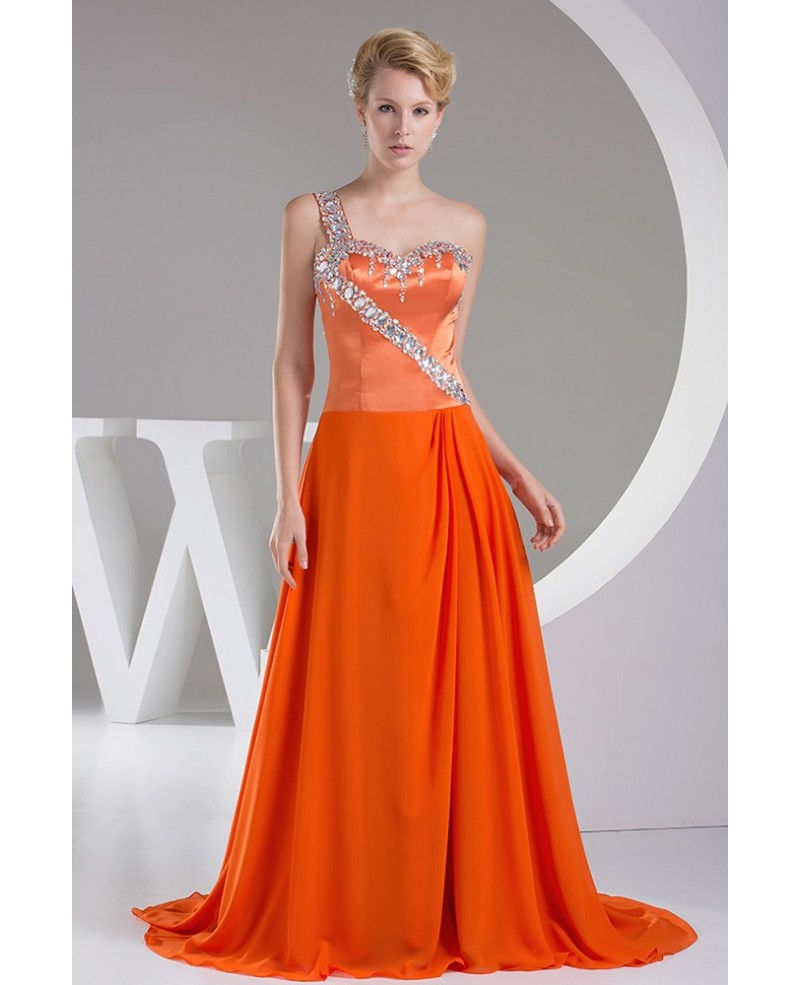 Beaded One Shoulder Orange Long Train Prom Dress - Click Image to Close