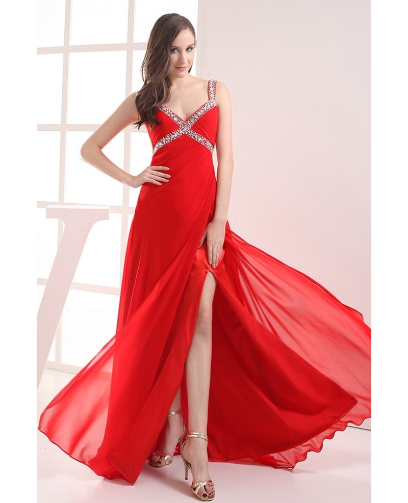Classic Split Front Sequined Straps Red Prom Dress in Sweetheart Neckline