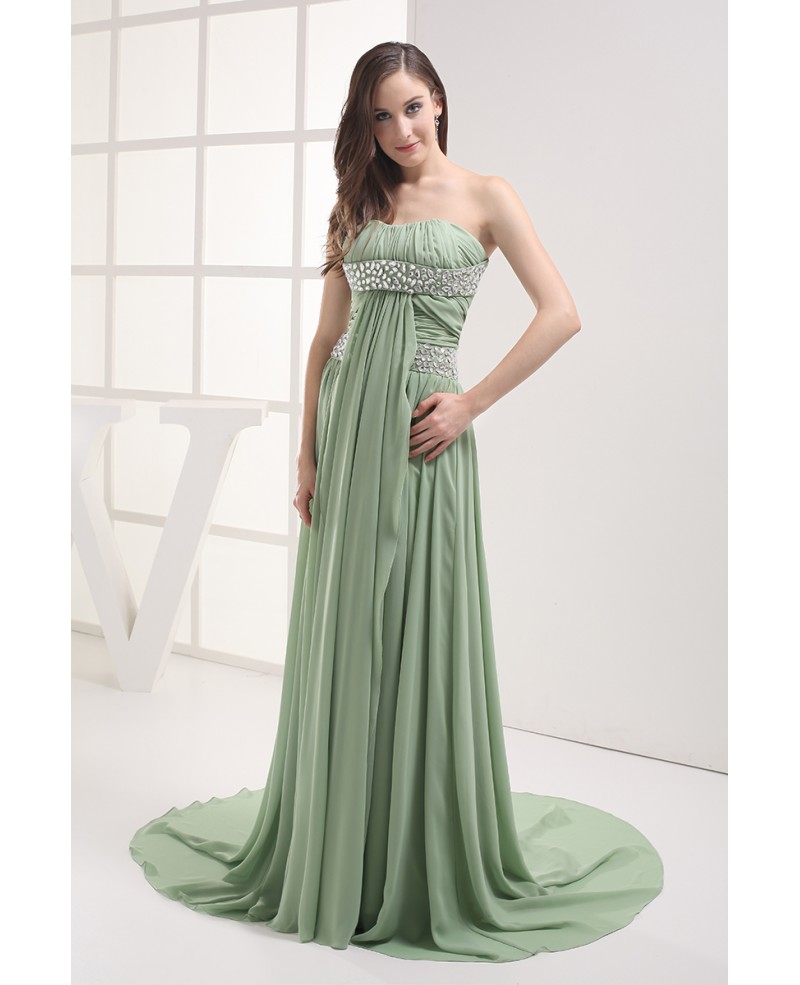 Beaded Sage Green Long Train Chiffon Prom Dress