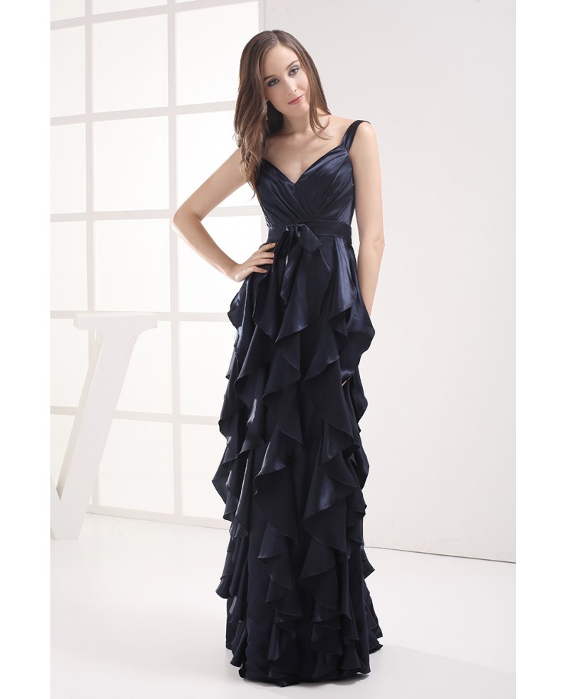 Navy Blue Cascading Ruffle Long Party Dress - Click Image to Close