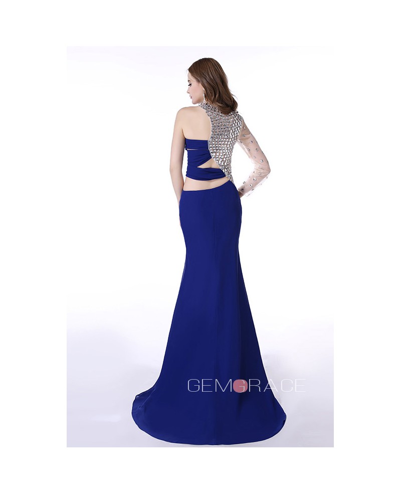 A-Line One Shoulder Sweep Train Chiffon Prom Dress With Beading