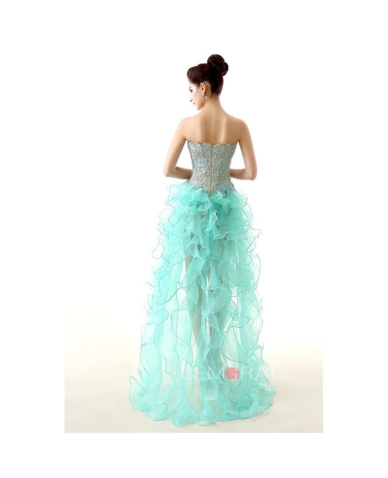 A-Line Sweetheart Asymmetrical Tulle Prom Dress With Appliques Lace Cascading Ruffles
