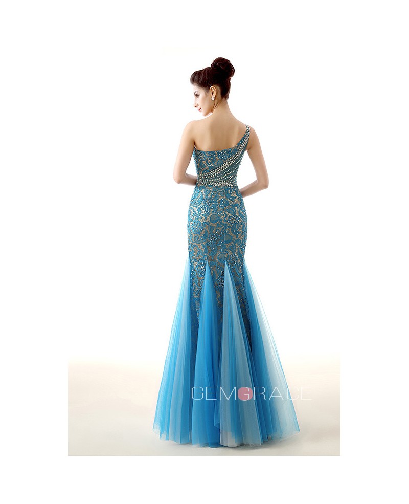 Sheath One-Shoulder Floor-Length Lace Prom Dress With Sequins