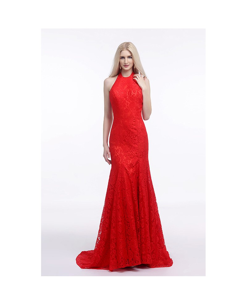 Mermaid Halter Court Train Lace Evening Dress - Click Image to Close