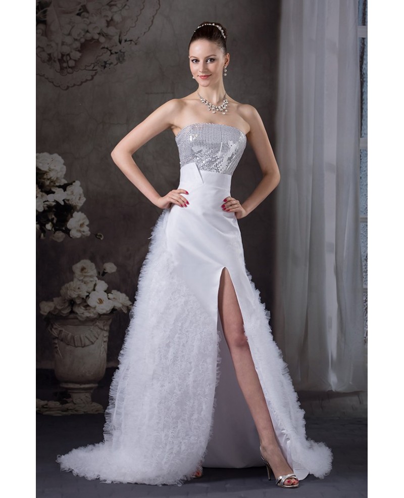 Strapless Silver and White Split Front Formal Dress - Click Image to Close