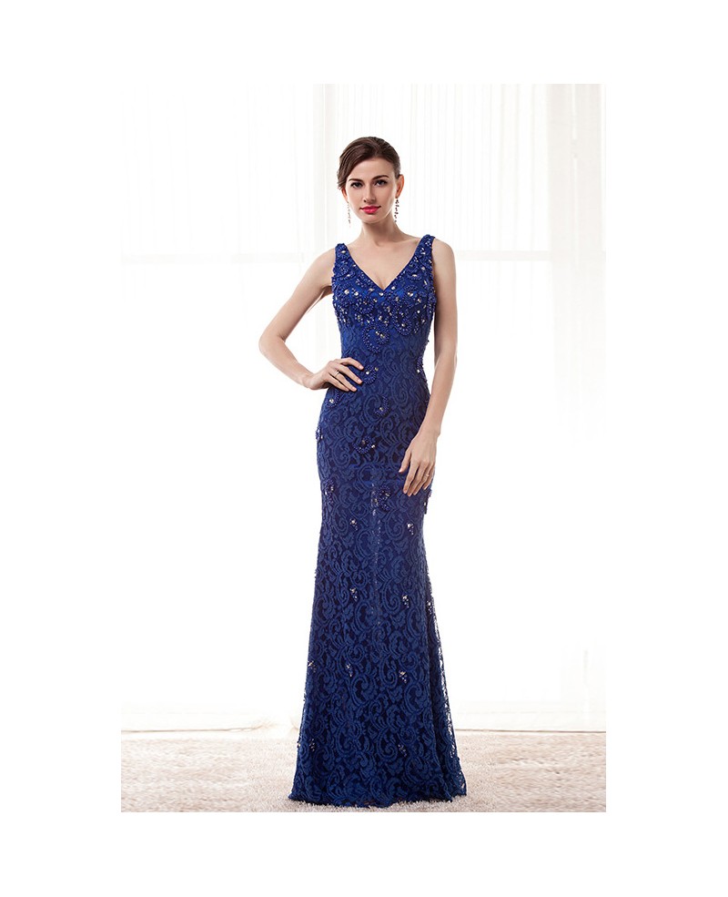 Sheath V-neck Floor-length Lace Prom Dress With Beading