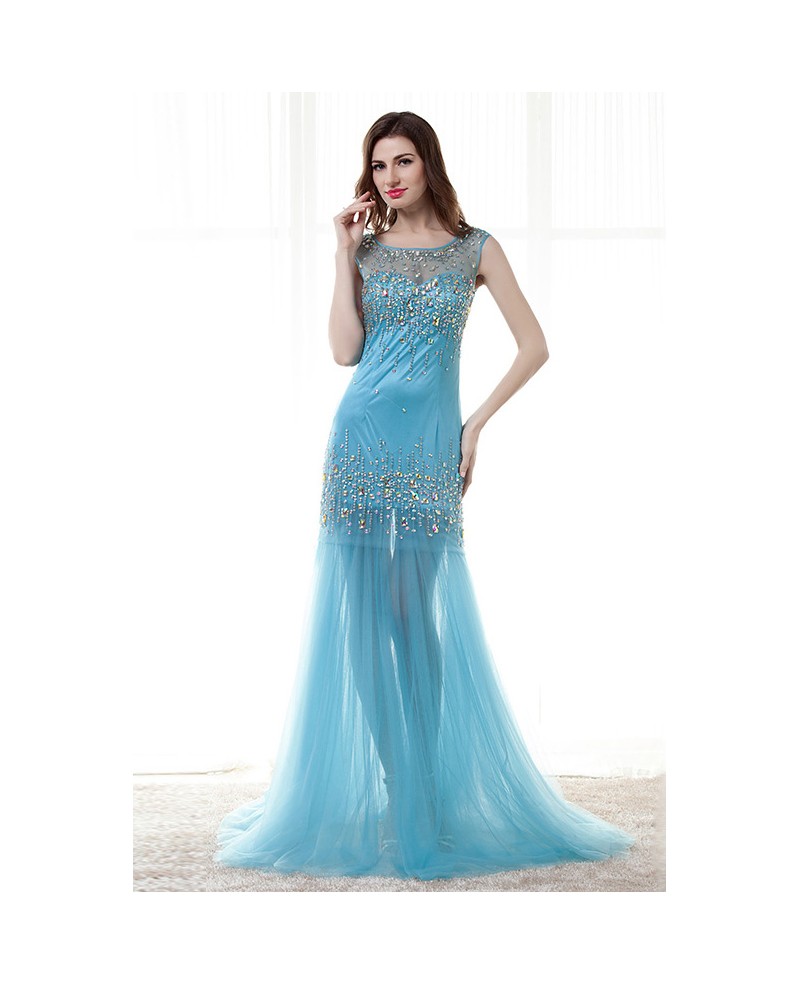 Mermaid Scoop Neck Sweep Train Chiffon Prom Dress With Beading