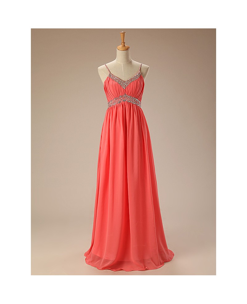 A-Line V-neck Sweep Train Chiffon Prom Dress With Beading