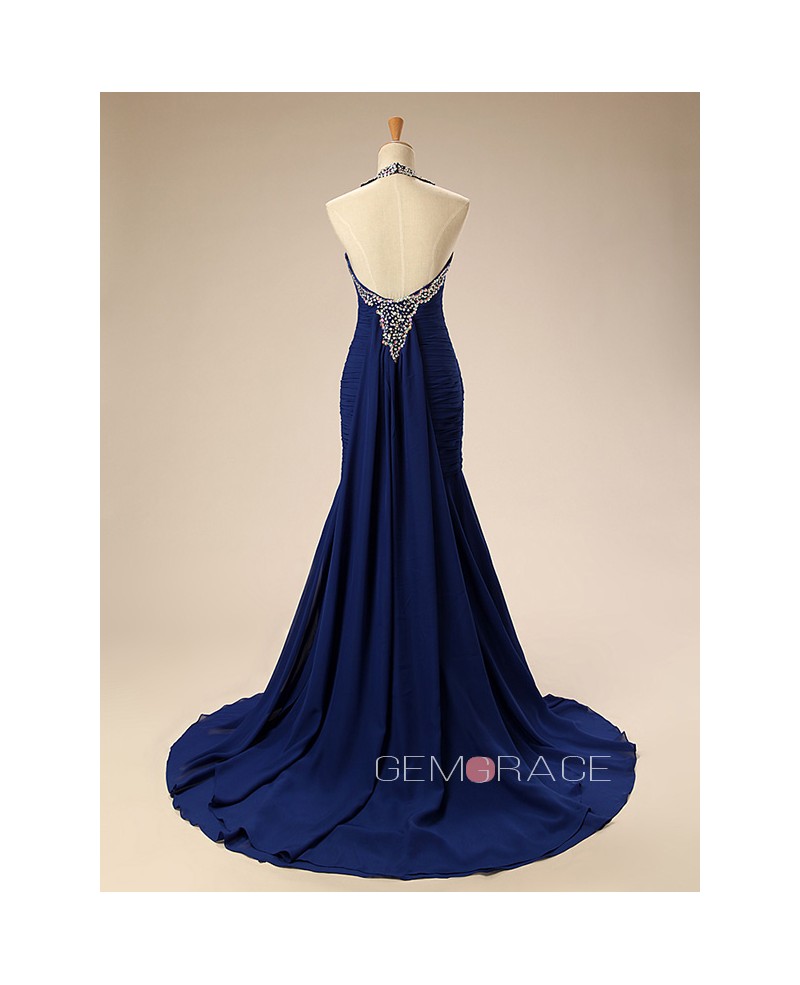 Mermaid Halter Court Train Prom Dress With Beading