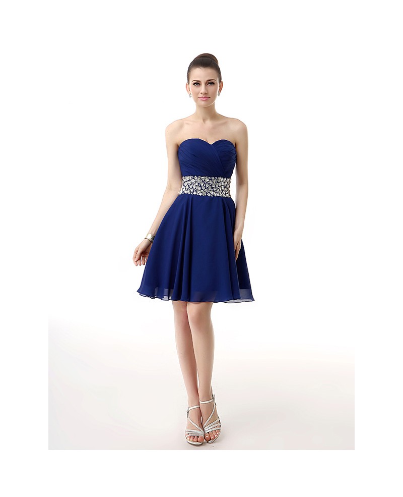 Blue Little Short Pleated Sweetheart Beaded Waist Mini Chiffon Prom Dress - Click Image to Close