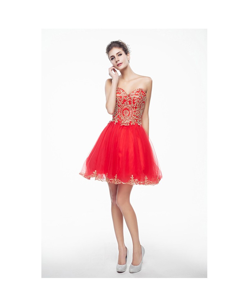 Red Mini/Short Strapless Beaded Top Tulle Sparkly Puffy Prom Dress