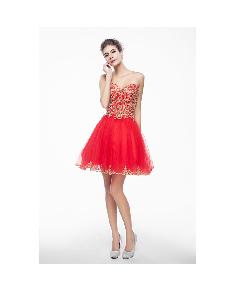 Red Mini/Short Strapless Beaded Top Tulle Sparkly Puffy Prom Dress