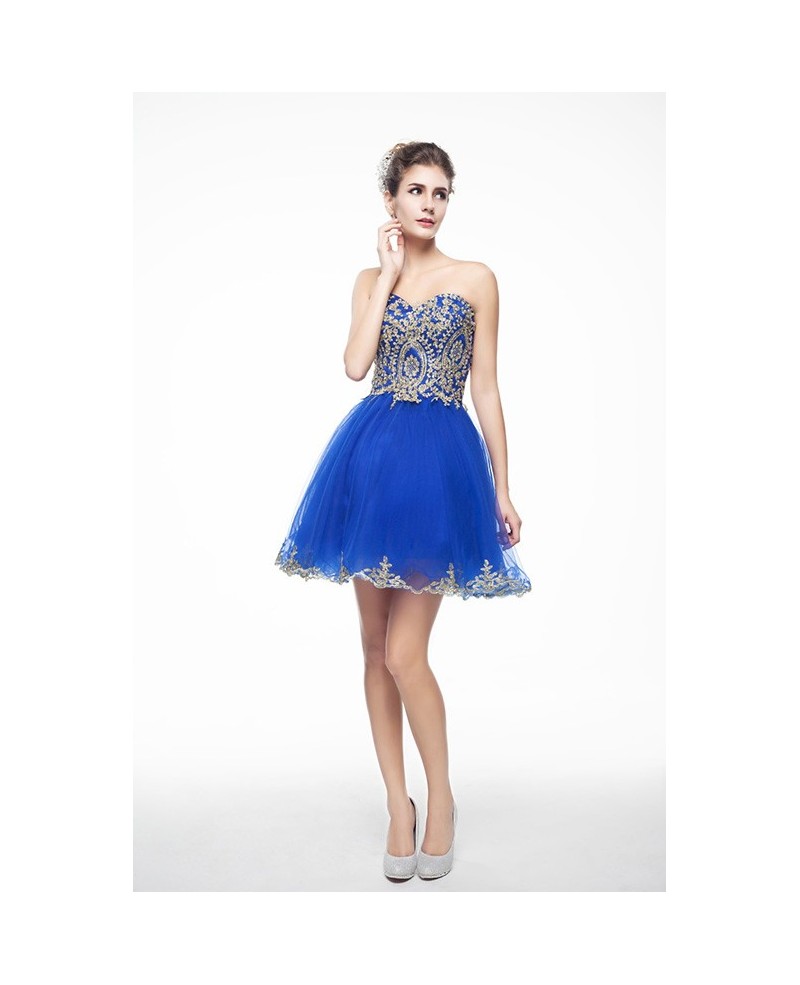 Royal Blue Mini/Short Strapless Beaded Top Tulle Sparkly Puffy Prom Dress