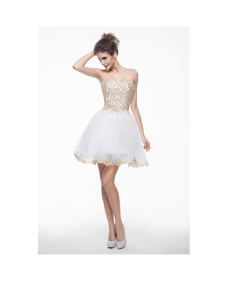 White Mini/Short Strapless Beaded Top Tulle Sparkly Puffy Prom Dress