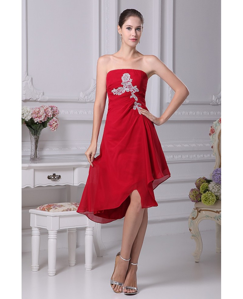 Red with White Lace Strapless Short Chiffon Dress - Click Image to Close